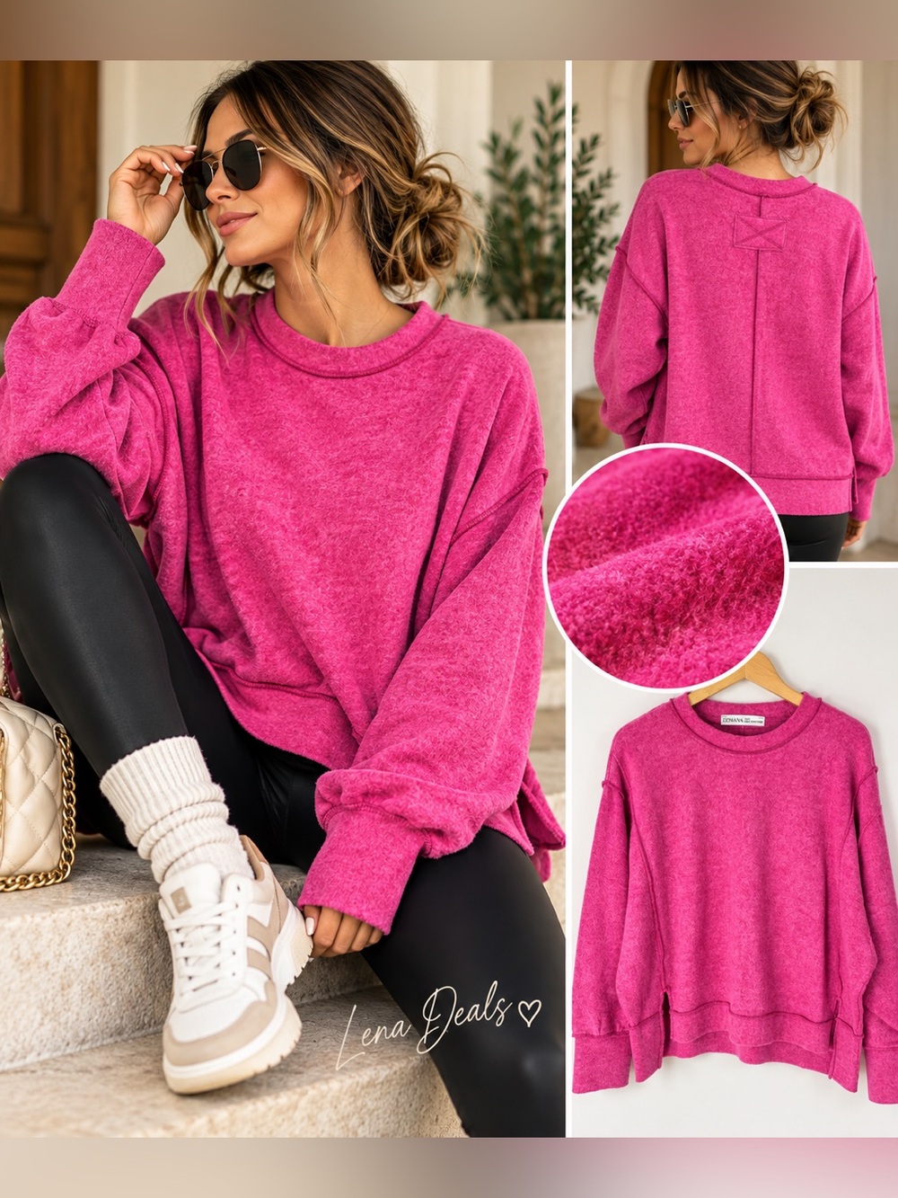 Zenana Brushed Melange Hacci Oversized Exposed Seam Sweater Fuchsia